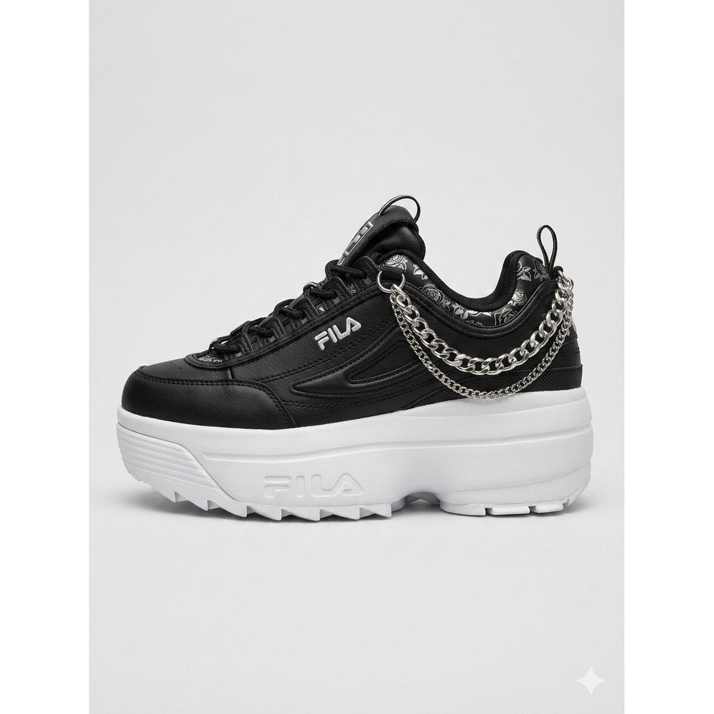 FILA Disruptor II Chain Black Platform Sneaker Womens 9 Chunky Goth Punk Rose
